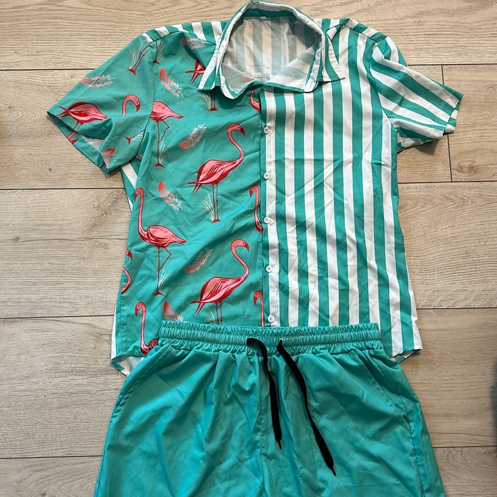 Teal Flamingo outfit. Shorts & button up, both medium